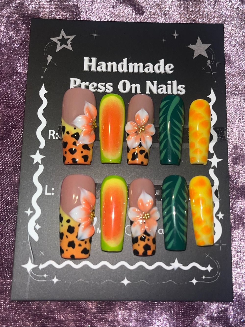 Handmade Orange & Green Floral Leopard Press-On Nails